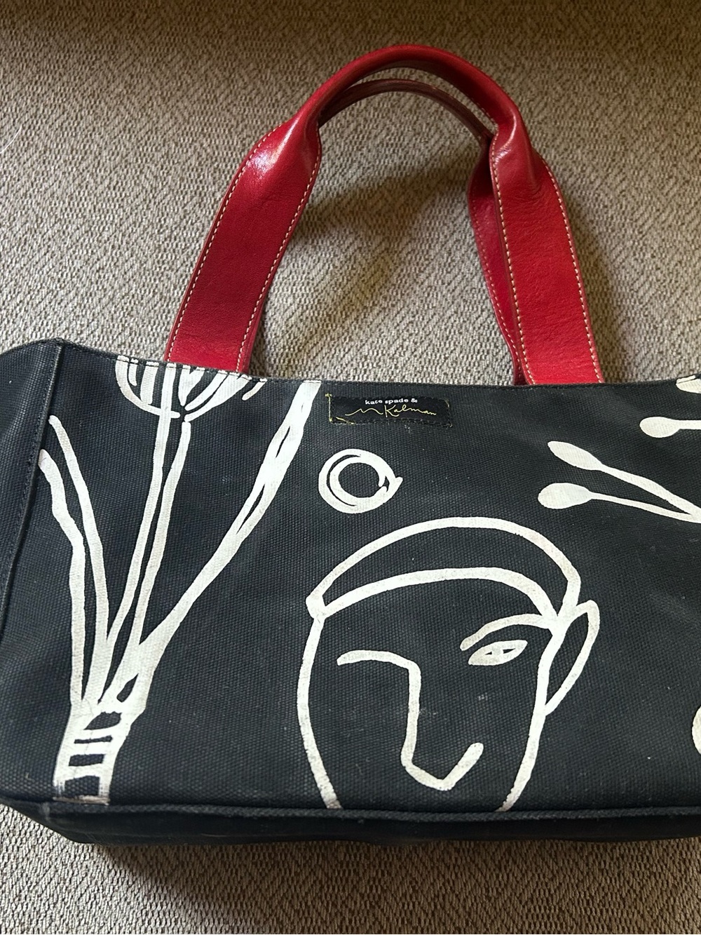 kate spade M Kalman Vtg Rare Black Canvas Bag Red Leather Handles Artsy Pop Art - Picture 2 of 16